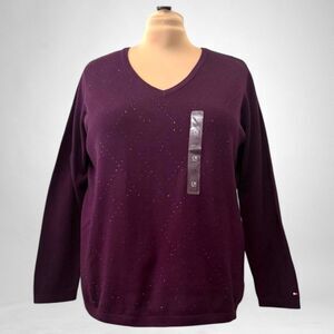 TOMMY HILFIGER Plus Size Rhinestone Argyle Aubergine Sweater, NWT Size 1X